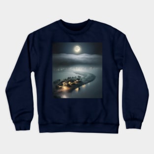 A view from sky of a full moon floating over clouds overlooking beach village Crewneck Sweatshirt